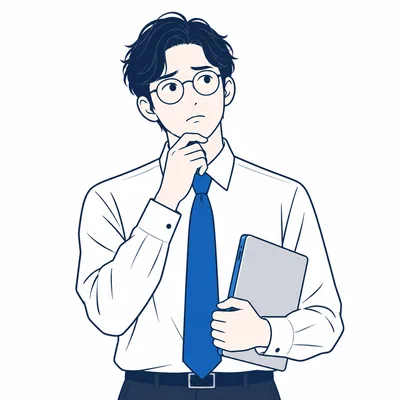 パソコンを持ち、使い方を考える眼鏡の男性